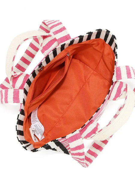 Babe Beachwear chic summer tote for women with pink and black striped handles and orange interior lining