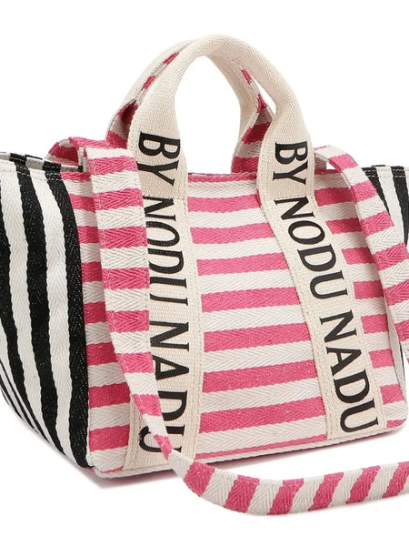 Babe Beachwear chic summer tote for women with pink and black stripes and branded handles