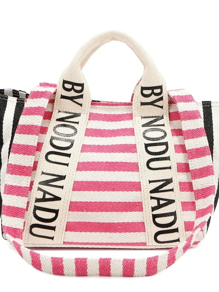 Chic summer tote for women with pink and black striped design by Babe Beachwear
