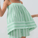 Trendsi green and white striped smocked cami and shorts set with adjustable straps