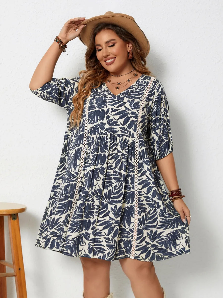 Plus Size Printed V-Neck Half Sleeve Mini Dress - Beach Babes Beachwear - Fort Lauderdale