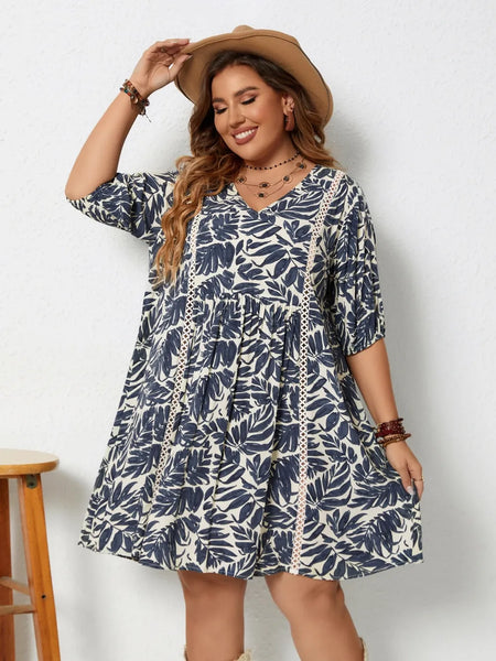 Plus Size Printed V-Neck Half Sleeve Mini Dress - Beach Babes Beachwear - Fort Lauderdale