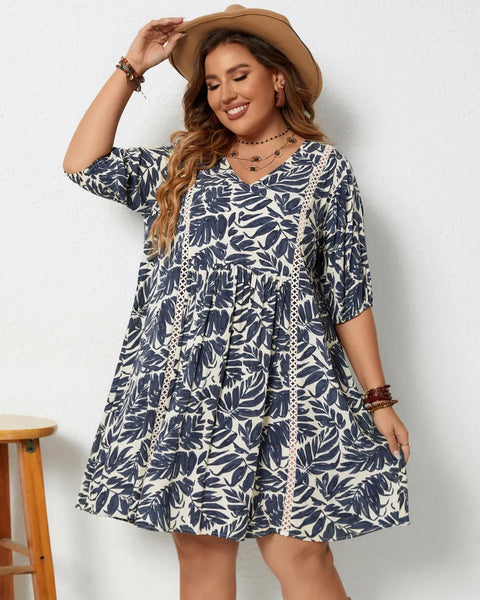 Plus Size Printed V-Neck Half Sleeve Mini Dress - Beach Babes Beachwear - Fort Lauderdale