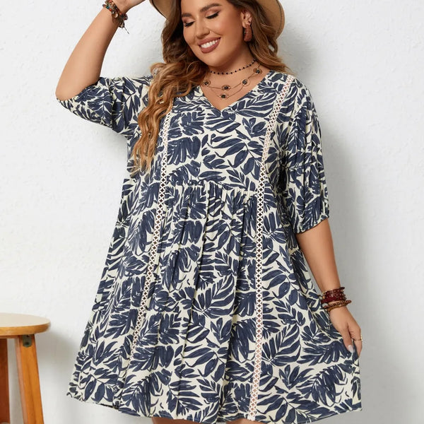 Plus Size Printed V-Neck Half Sleeve Mini Dress - Beach Babes Beachwear - Fort Lauderdale
