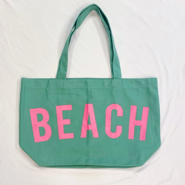 Babe Beachwear green Canvas Beach Tote bag with pink BEACH text and long handles