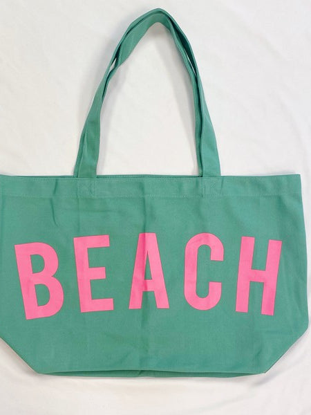 Babe Beachwear green Canvas Beach Tote bag with pink BEACH text and long handles