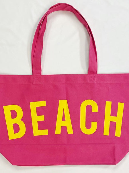 Pink Canvas Beach Tote bag by Babe Beachwaer with large yellow BEACH text and dual shoulder straps