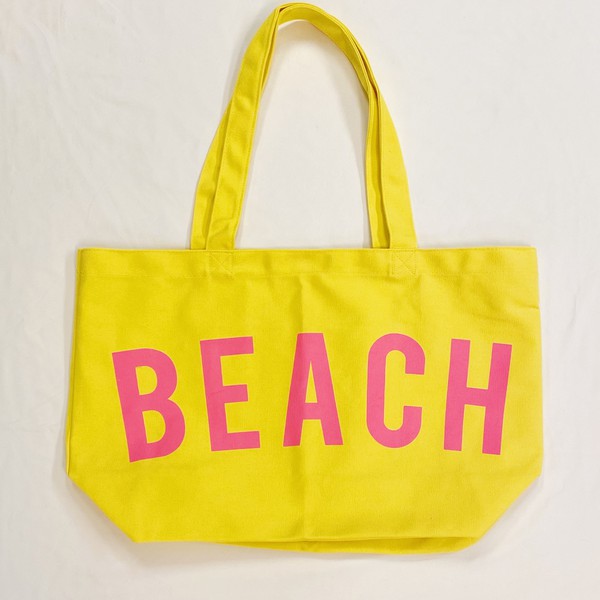 Babe Beachwear yellow Canvas Beach Tote with pink BEACH text and shoulder straps