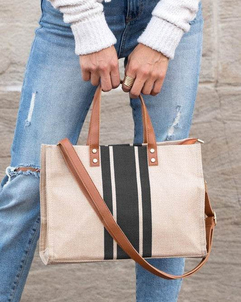 Babe Beachwear Canvas Stripe Tote for 2025 Summer Resort Wear with leather handles and adjustable strap