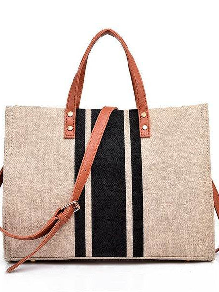 Canvas Stripe Tote for 2025 Summer Resort Wear by Babe Beachwear with tan leather handles and adjustable strap