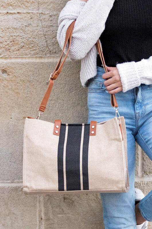 Canvas Stripe Tote for 2025 Summer Resort Wear with beige canvas and black vertical stripes