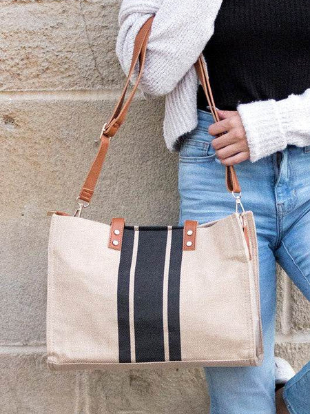Canvas Stripe Tote for 2025 Summer Resort Wear with beige canvas and black vertical stripes