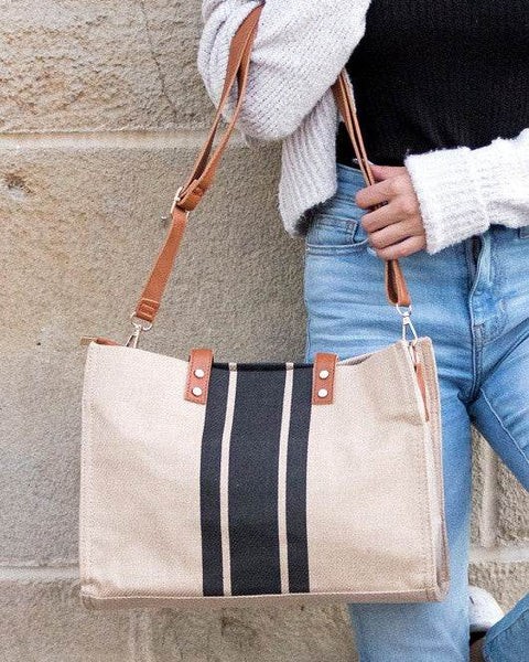 Canvas Stripe Tote for 2025 Summer Resort Wear with beige canvas and black vertical stripes