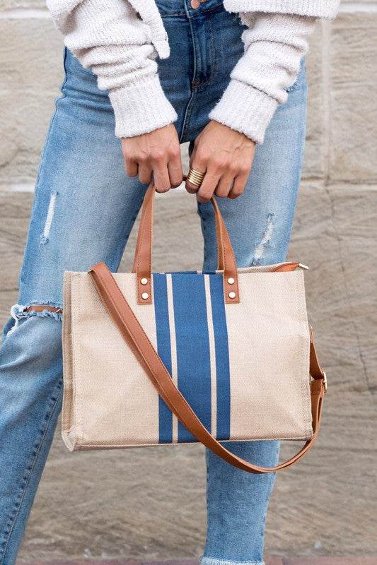 Babe Beachwear Canvas Stripe Tote for 2025 Summer Resort Wear with blue stripes and brown leather handles
