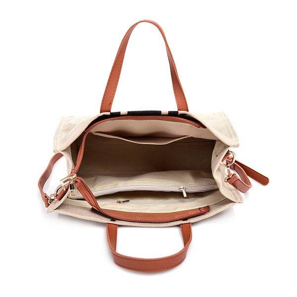 Open Babe Beachwaer Canvas Stripe Tote for 2025 Summer Resort Wear showing interior compartments and brown handles