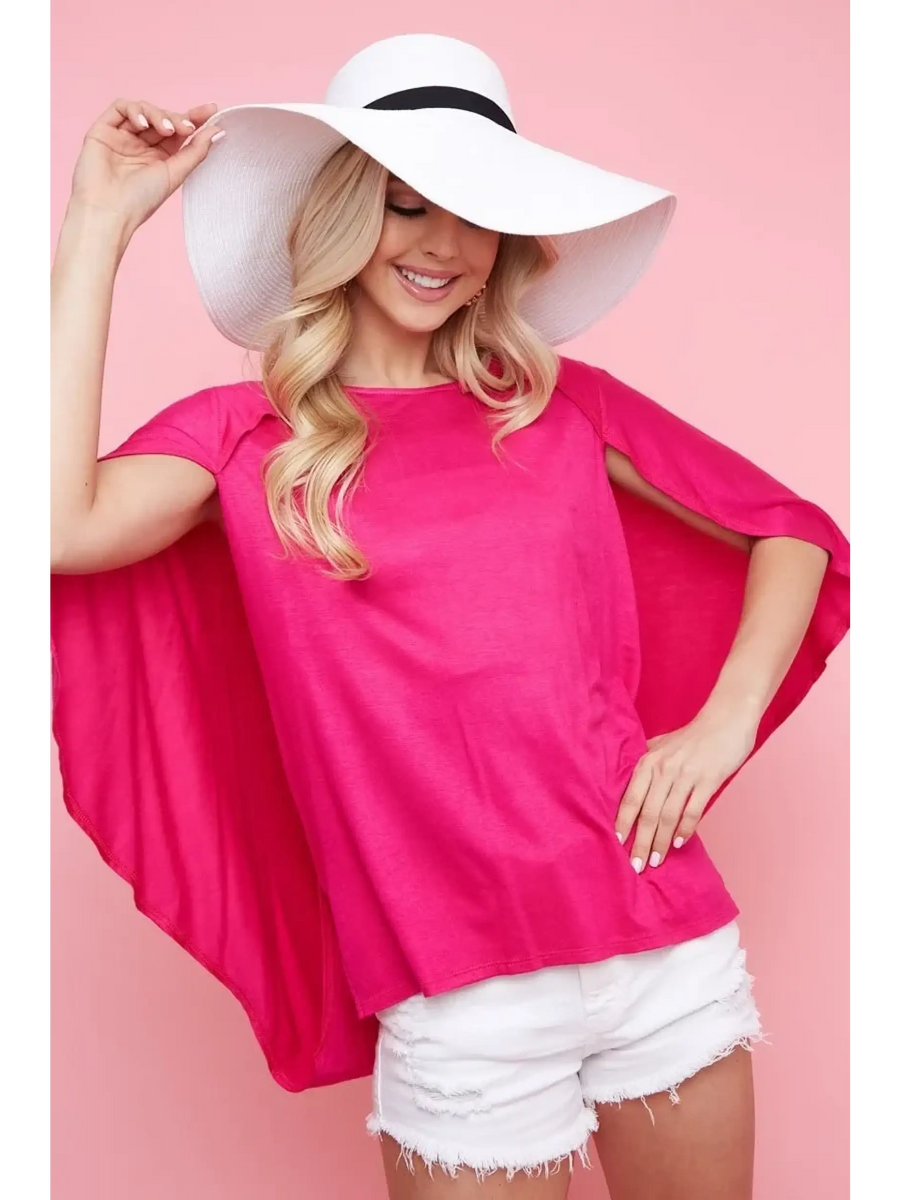 Trendsi bright pink Cape Style Shirt short sleeve with flowing cape back worn with white shorts and wide white hat
