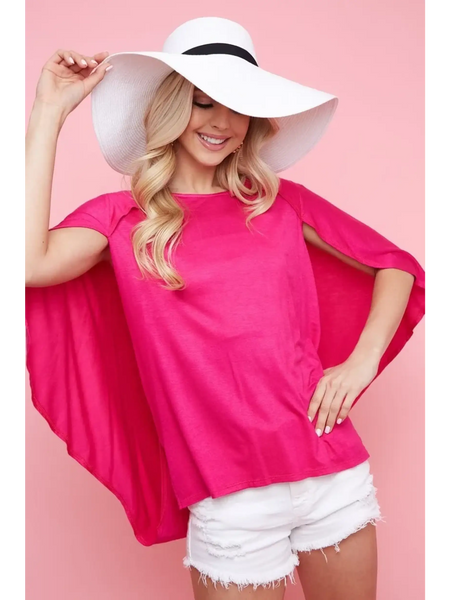 Trendsi bright pink Cape Style Shirt short sleeve with flowing cape back worn with white shorts and wide white hat