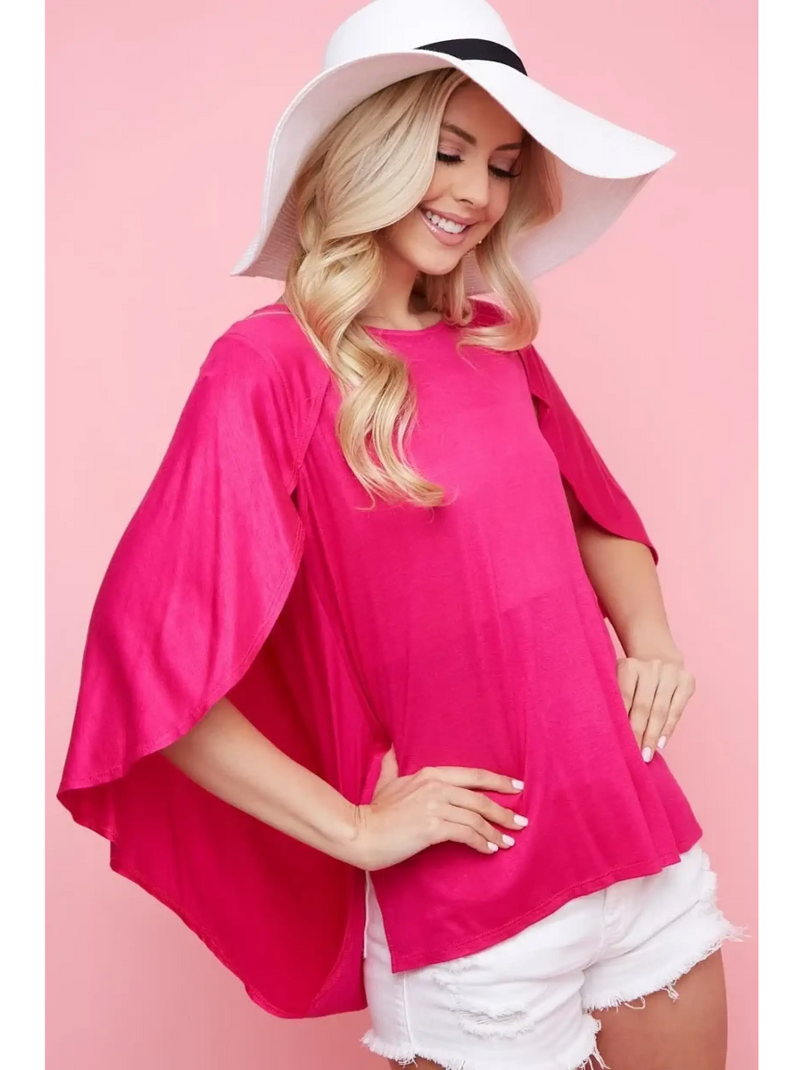 Trendsi pink short sleeve Cape Style Shirt with flowing cape sleeves worn with white shorts