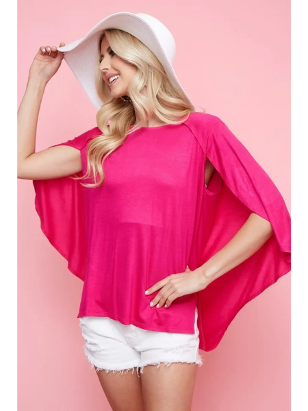 Trendsi bright pink short sleeve Cape Style Shirt worn by woman with white hat and shorts