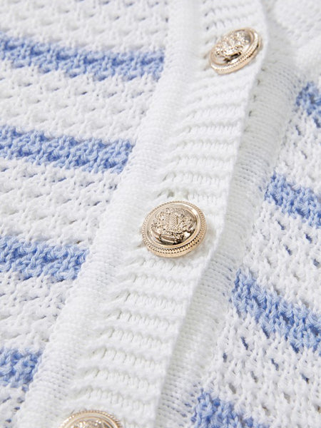 Close-up of EG fashion casual beachwear knit top with gold decorative buttons on white and blue sleeveless shirt
