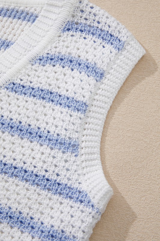 EG fashion sleeveless casual beachwear knit top with white and blue striped pattern