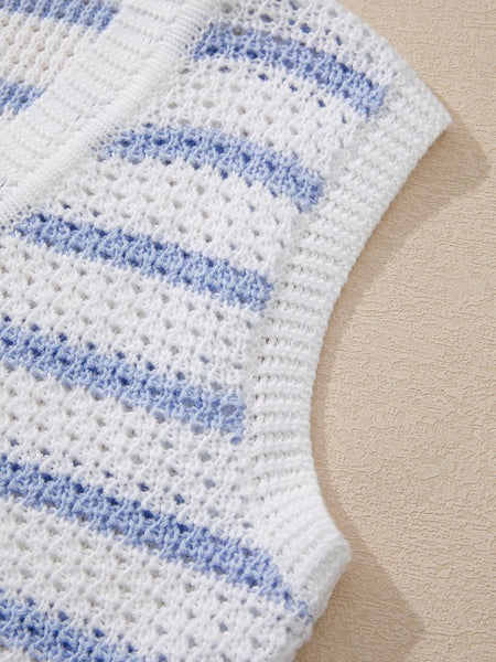 EG fashion sleeveless casual beachwear knit top with white and blue striped pattern