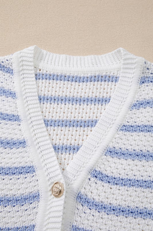 EG fashion sleeveless casual beachwear knit top with blue and white stripes and button detail