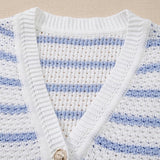 EG fashion sleeveless casual beachwear knit top with blue and white stripes and button detail