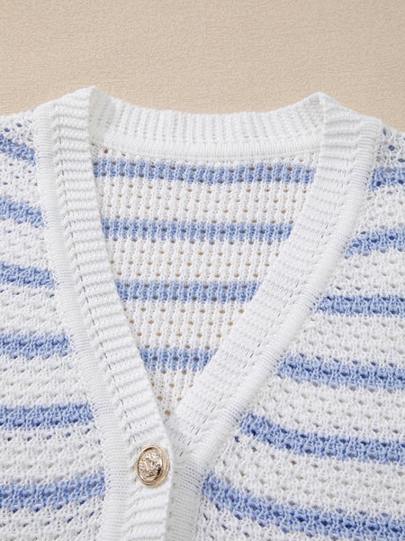 EG fashion sleeveless casual beachwear knit top with blue and white stripes and button detail
