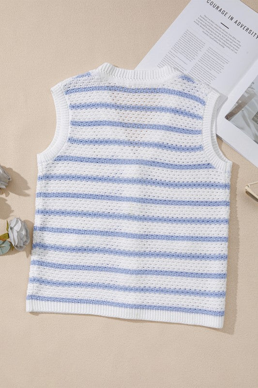 EG fashion sleeveless casual beachwear knit top with white and blue stripes perfect for summer