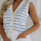 EG fashion sleeveless casual beachwear knit top with blue and white stripes and button details