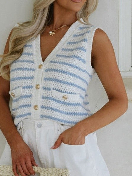 EG fashion sleeveless casual beachwear knit top with blue and white stripes and button details