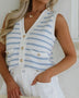 EG fashion sleeveless casual beachwear knit top with blue and white stripes and button details