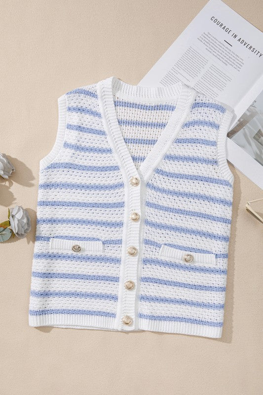 EG fashion sleeveless shirt casual beachwear knit top with blue and white stripes and button details