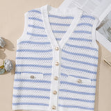 EG fashion sleeveless shirt casual beachwear knit top with blue and white stripes and button details