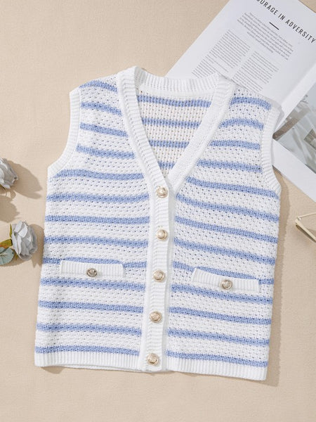 EG fashion sleeveless shirt casual beachwear knit top with blue and white stripes and button details