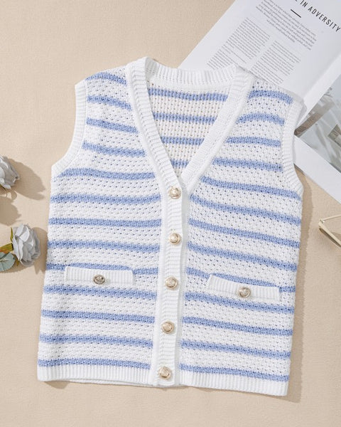 EG fashion sleeveless shirt casual beachwear knit top with blue and white stripes and button details