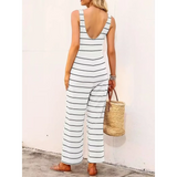 casual chic striped jumpsuit in white with black horizontal stripes and low back design