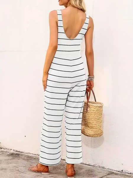  casual chic striped jumpsuit in white with black horizontal stripes and low back design
