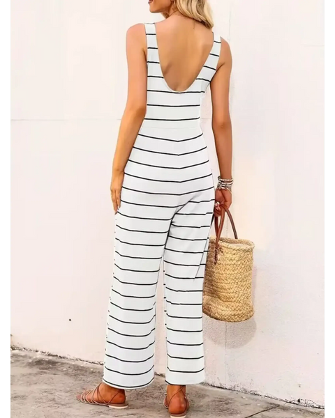  casual chic striped jumpsuit in white with black horizontal stripes and low back design
