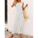 casual chic striped jumpsuit with sleeveless design and wide-leg pants in white and black