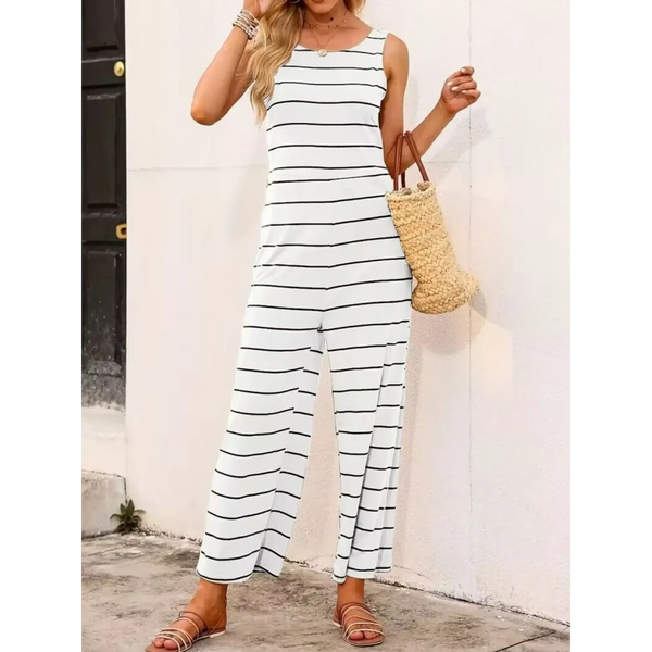 casual chic striped jumpsuit with sleeveless design and wide-leg pants in white and black
