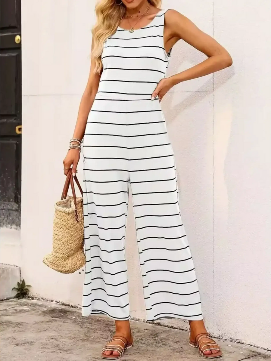 casual chic striped jumpsuit in white with black horizontal lines, sleeveless and wide-leg design