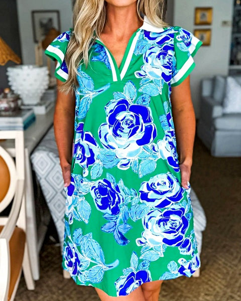 EG fashion green floral midi casual dress with blue and white roses and short flutter sleeves