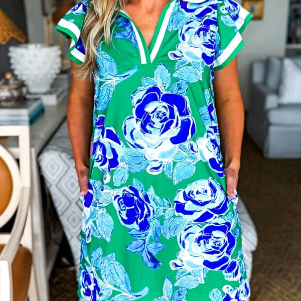 EG fashion green floral midi casual dress with blue and white roses and short flutter sleeves