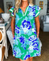 EG fashion green floral midi casual dress with blue and white roses and short flutter sleeves