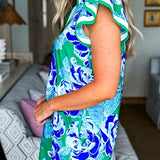 EG Fashion green and blue floral print midi dress with ruffled sleeves casual dress