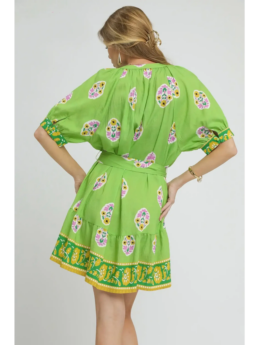 Trendsi casual neon green matching set featuring floral print shorts and top with yellow border