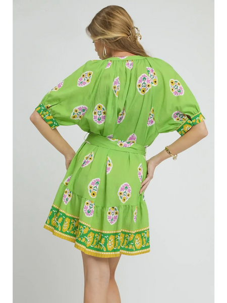 Trendsi casual neon green matching set featuring floral print shorts and top with yellow border