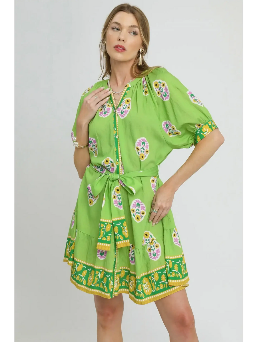 Trendsi casual neon green matching set with floral print and belted waist shorts set